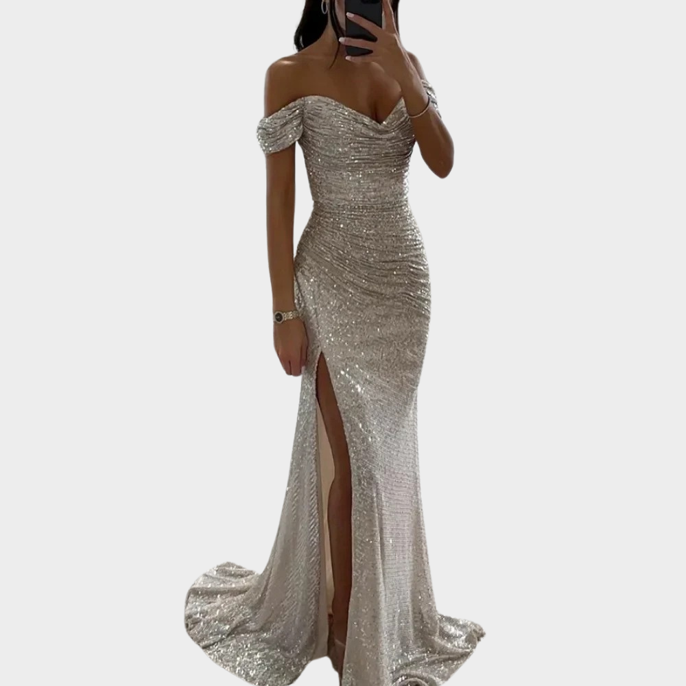 Evening dress with a slit for women silver